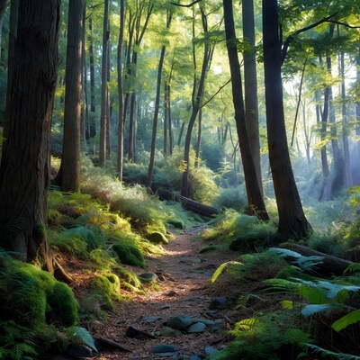Sunlit Forest Path with Ferns and Moss