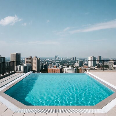Infinity pool overlooking city skyline