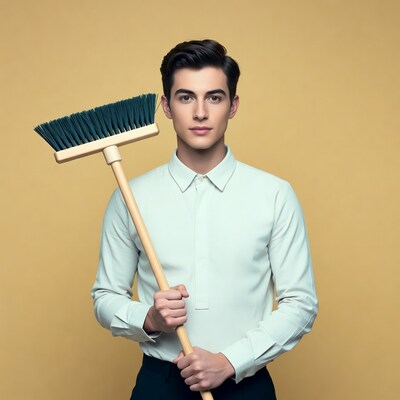 Young man holding broom