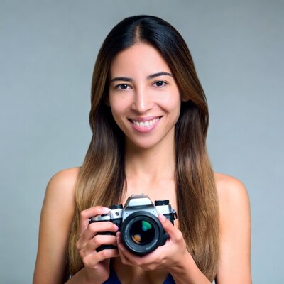 Woman holding vintage camera