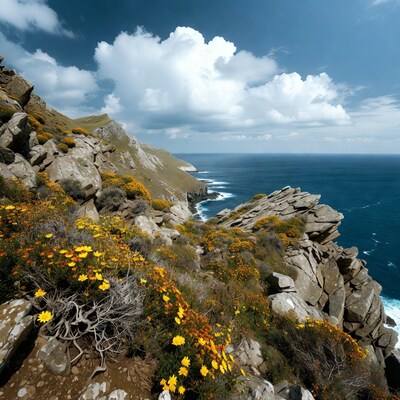 Cliffside with yellow flowers and ocean