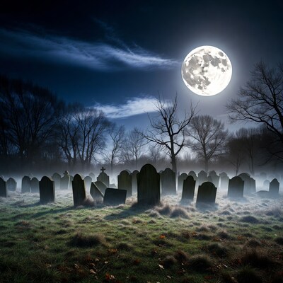 Moonlit Cemetery with Fog and Gravestones