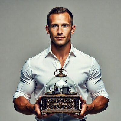 Muscular man holding glass dome music box