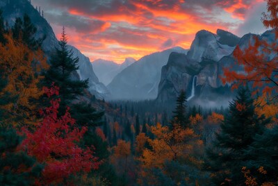 Yosemite Valley Sunset with Waterfall