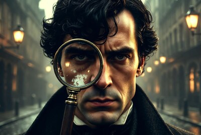 Man peering through magnifying glass