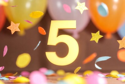 Golden 5 with Balloons and Confetti