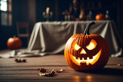 Lit Jack-o'-lantern on wooden table