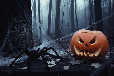 Jack-o'-lantern with spider in foggy forest