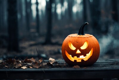 Jack-o'-lantern in dark forest