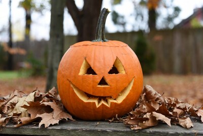 Jack-o'-lantern on fall leaves