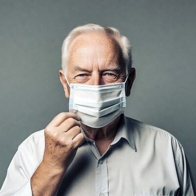 Elderly man adjusting face mask