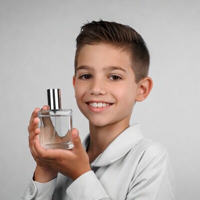 Boy holding perfume bottle
