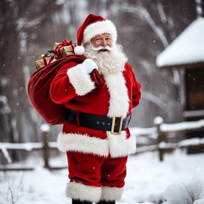 Santa Claus with sack in snowy woods