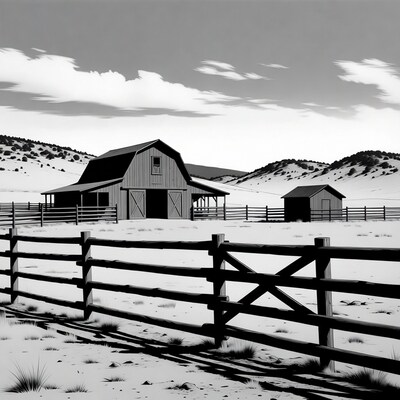 Snowy Barns and Fence Landscape