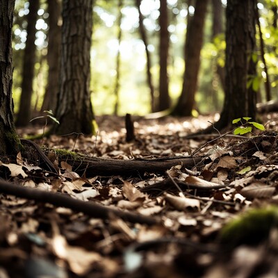 Forest floor with fallen leaves and moss