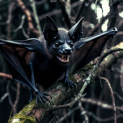 Scary bat perched on branch