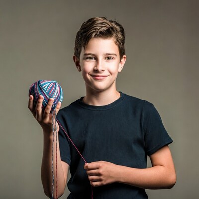 Boy holding colorful yarn ball