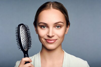 Woman holding black hairbrush
