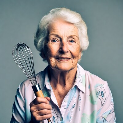 Elderly woman holding whisk