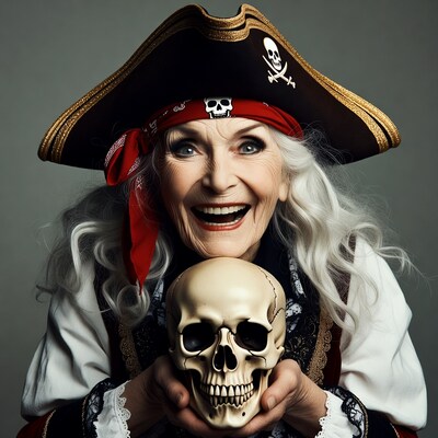 Elderly woman pirate holding skull