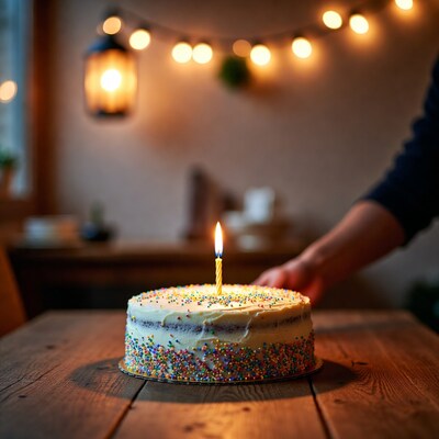 Hand lighting candle on birthday cake