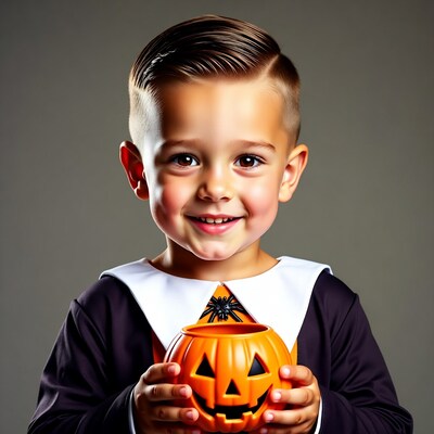 Boy in Halloween costume holding pumpkin