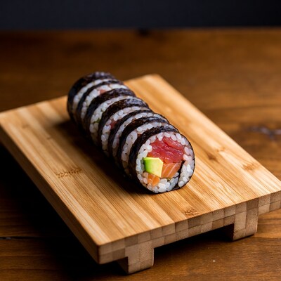 Salmon Avocado Sushi Rolls on Bamboo Board