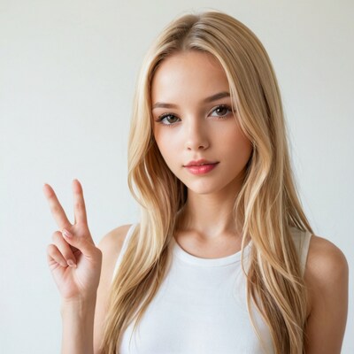 Blonde woman making peace sign