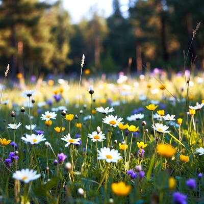 Wildflower meadow with pine forest background
