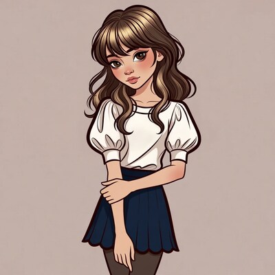 Anime girl in white blouse and navy skirt