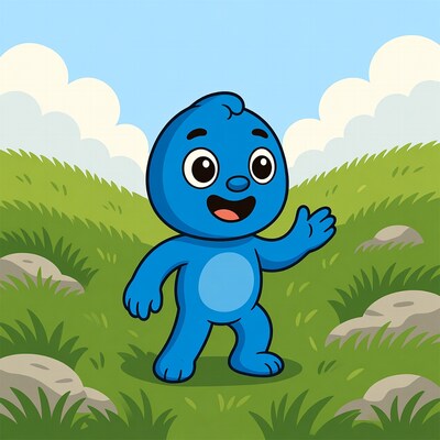 Blue cartoon boy waving in grass