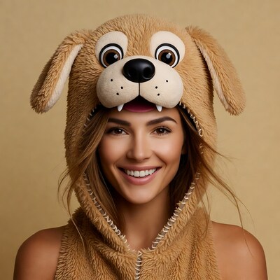 Woman smiling in dog hoodie costume