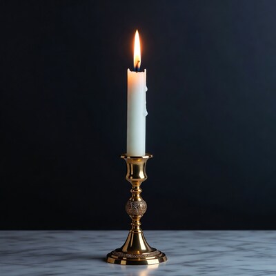 Burning Candle in Brass Candlestick
