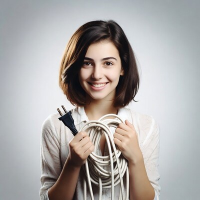 Smiling woman holding electrical plug and cord