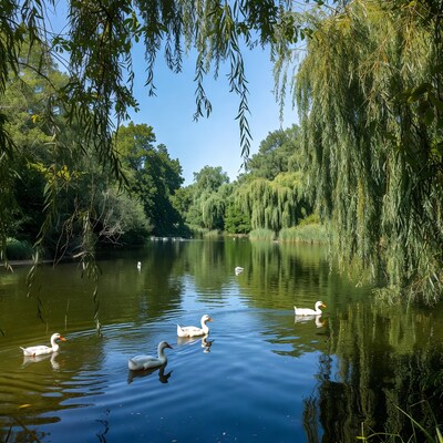Ducks swimming in willow-fringed lake