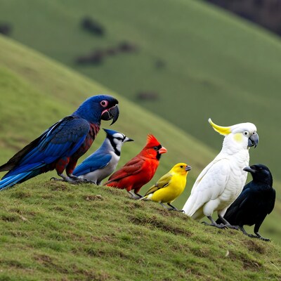 Colorful Birds Group on Grassy Hill
