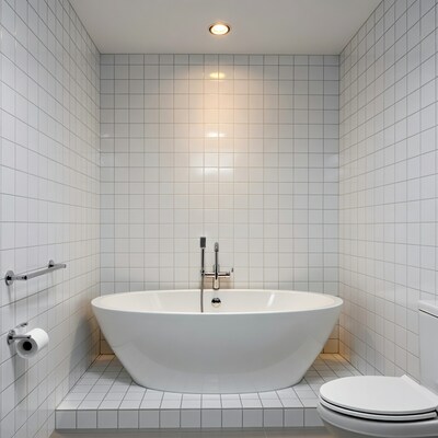White Freestanding Bathtub in Tiled Bathroom