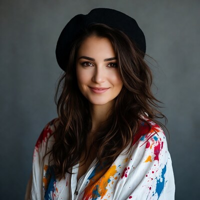Woman in black beret and paint-splattered shirt