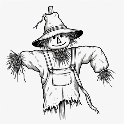 Smiling Scarecrow in Overalls Illustration