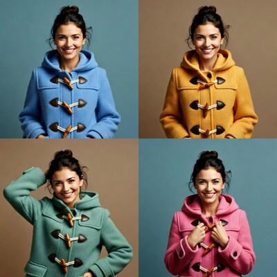 Woman in colorful toggle hood coats