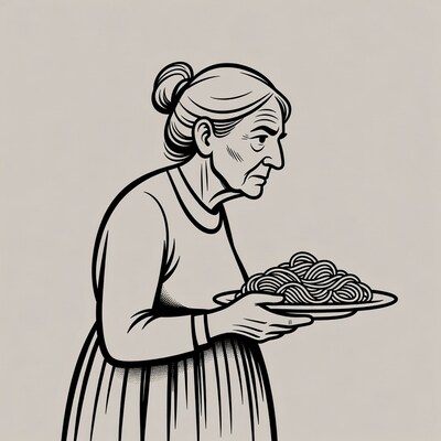 Elderly woman holding spaghetti plate
