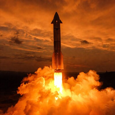 Starship Rocket Launching at Sunset