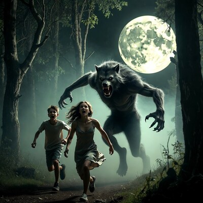 Girl and Boy Fleeing Werewolf in Moonlit Forest