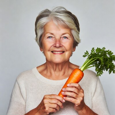 Elderly woman holding fresh carrot