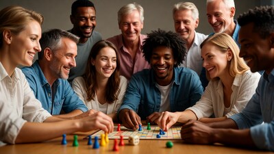 Diverse group playing Ludo board game