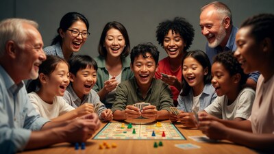 Multigenerational family playing board game