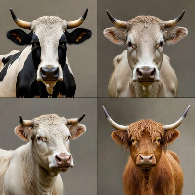Four Horned Cows Close-Up Portraits