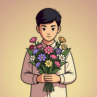 Asian man holding colorful flower bouquet