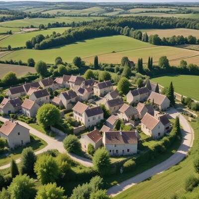 Aerial View French Village Green Fields