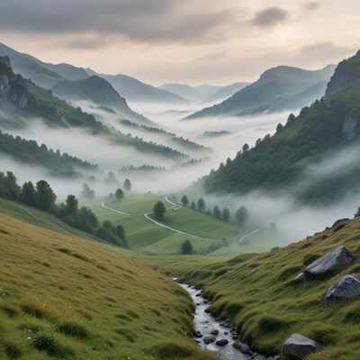 Misty Mountains with Valley Stream